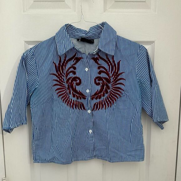 Hemant & Nandita Marne Striped Shirt Size XS Velvet Detail Blouse Striped Collar - Picture 1 of 5